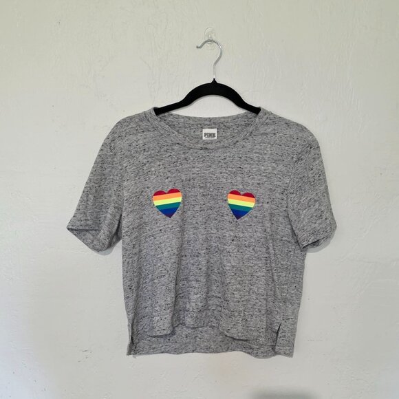 Victorias Secret Pink Womens Crop Top XS Rainbow Heart Pride Relax Lounge Casual - Picture 2 of 8